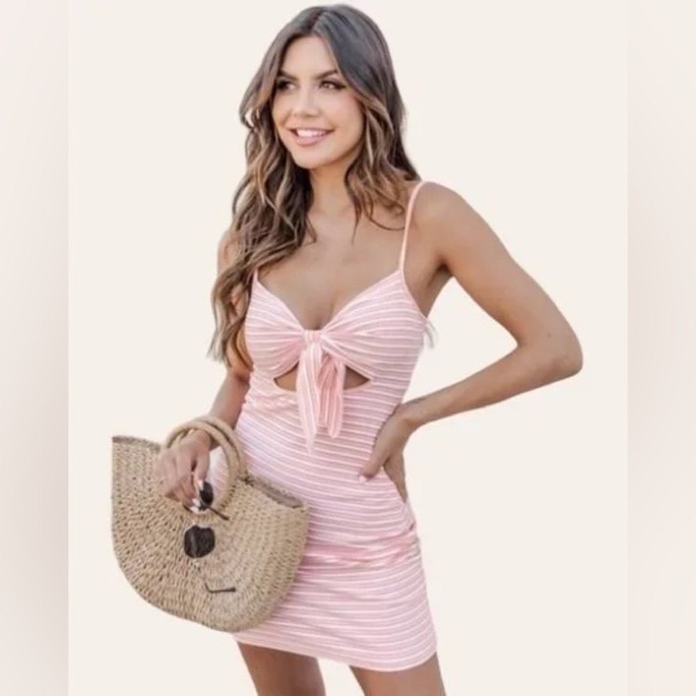 Pink Lily All Tied Up Coral Ribbed Striped Tie Front Mini Dress XS